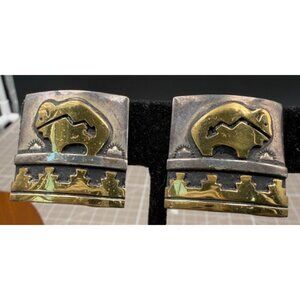 T. Singer Navajo Sterling Silver Brass Bear Earrings Signed 12.3g